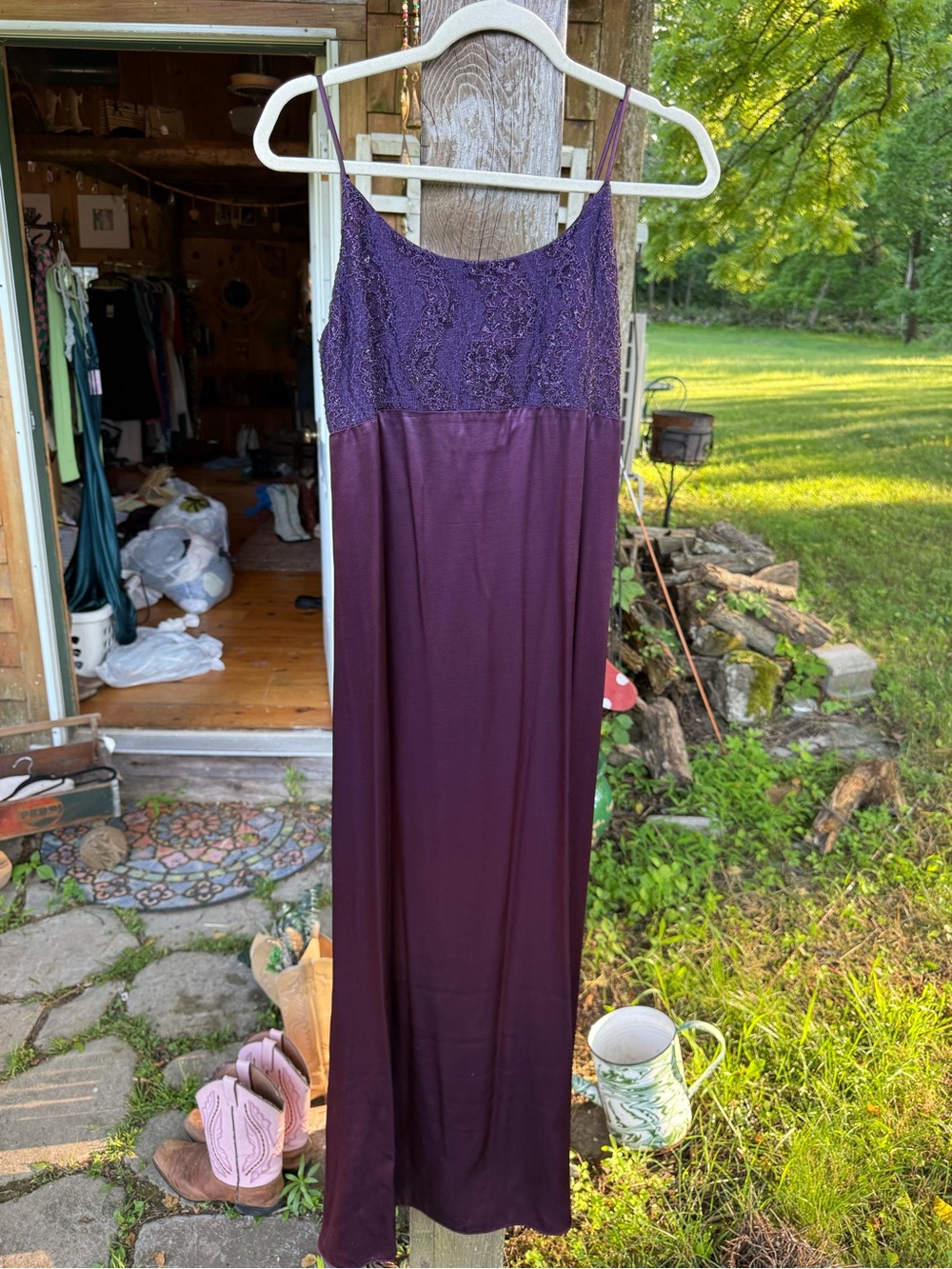 Vintage 1990s Purple Satin Maxi Slip Lace Bodice Dress with a Bow Back
